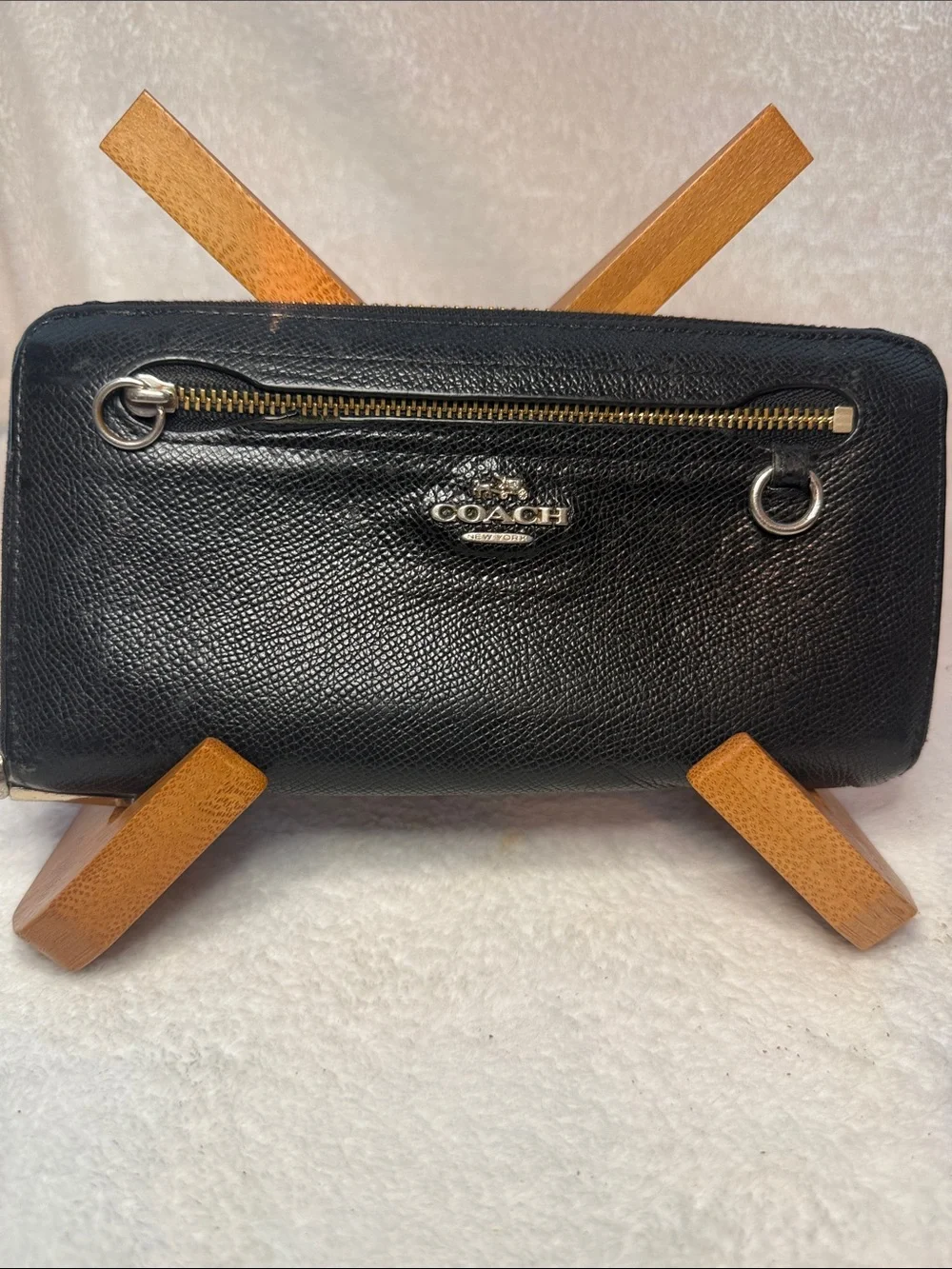 Coach Tan Black Leather Zip Wallet with Logo Plaque
